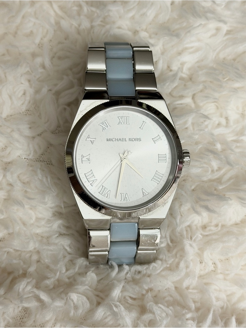 Michael Kors Silver Watch With Blue Center Stripe / Roman Numeral Face